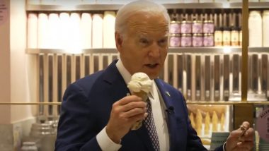 US President Joe Biden Chats with Seth Meyers, Enjoys Ice Cream, and Discusses Gaza Ceasefire Prospects in New York (Watch Video)